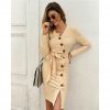 The Best Women Knitted Sweater Bodycon Dress New Ladies Casual V-neck Button Autumn Winter Elegant Women Jumper Dress Online - Takalr