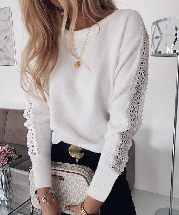 The Best Women Lace Bandage Tops Ladies Long Sleeve Round Neck Backless Blouse Pullover Loose Shirt Online - Takalr