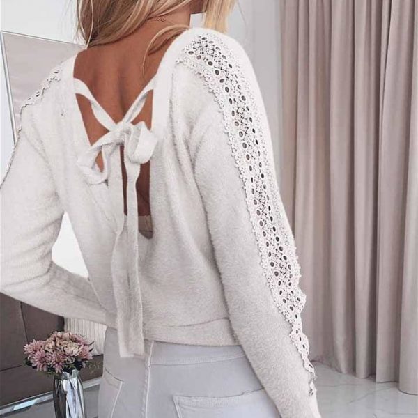 The Best Women Lace Bandage Tops Ladies Long Sleeve Round Neck Backless Blouse Pullover Loose Shirt Online - Takalr