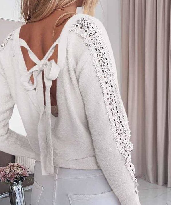 The Best Women Lace Bandage Tops Ladies Long Sleeve Round Neck Backless Blouse Pullover Loose Shirt Online - Takalr