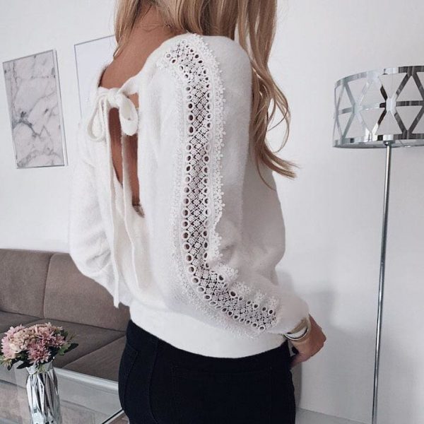 The Best Women Lace Bandage Tops Ladies Long Sleeve Round Neck Backless Blouse Pullover Loose Shirt Online - Takalr