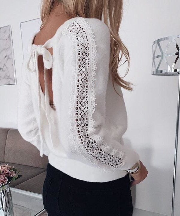 The Best Women Lace Bandage Tops Ladies Long Sleeve Round Neck Backless Blouse Pullover Loose Shirt Online - Takalr