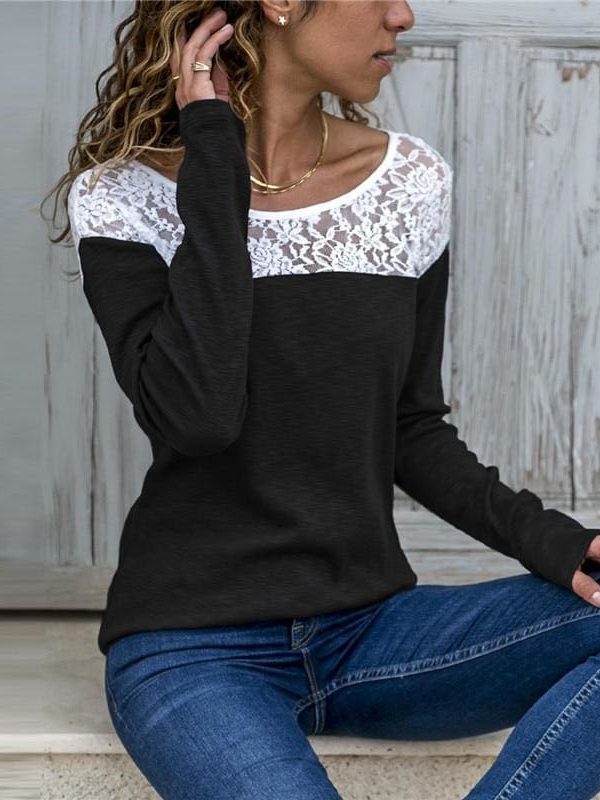 The Best Women Lace Blouse Casual Long Sleeve Tunic O-Neck Patchwork Blouses Online - Takalr