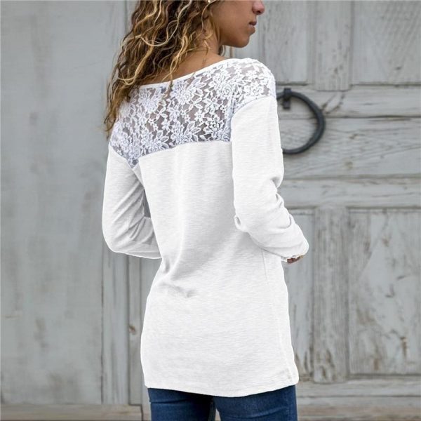 The Best Women Lace Blouse Casual Long Sleeve Tunic O-Neck Patchwork Blouses Online - Takalr