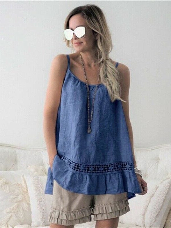 The Best Women Lace Cami Tank Tops Vest Ladies Summer Loose Solid Casual Strappy O-Neck Camisole Blouse Shirts Online - Takalr