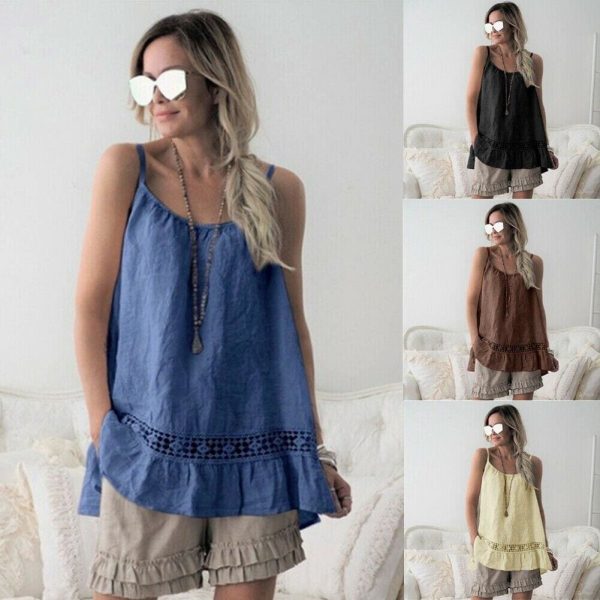 The Best Women Lace Cami Tank Tops Vest Ladies Summer Loose Solid Casual Strappy O-Neck Camisole Blouse Shirts Online - Takalr