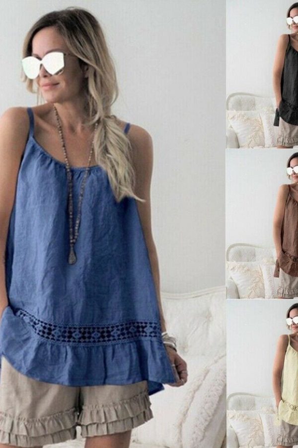 The Best Women Lace Cami Tank Tops Vest Ladies Summer Loose Solid Casual Strappy O-Neck Camisole Blouse Shirts Online - Takalr