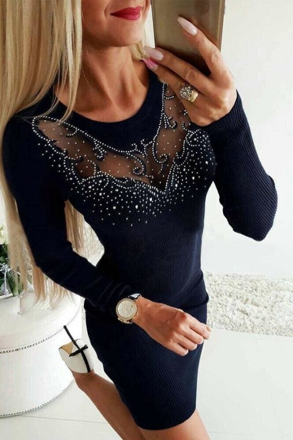 The Best Women Lace Knitted Jumper Dress Autumn Winter Long Sleeve Sweater Ladies Beads Bodycon Mini Gown Dresses Online - Takalr