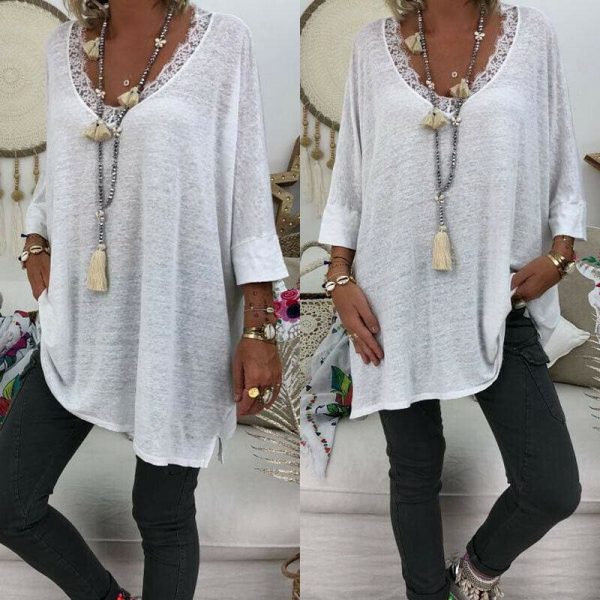 The Best Women Lace Long Sleeve Pullover Casual T Shirt New Ladies V Neck Loose Baggy Jumper Shirt Top Women Clothes Online - Takalr