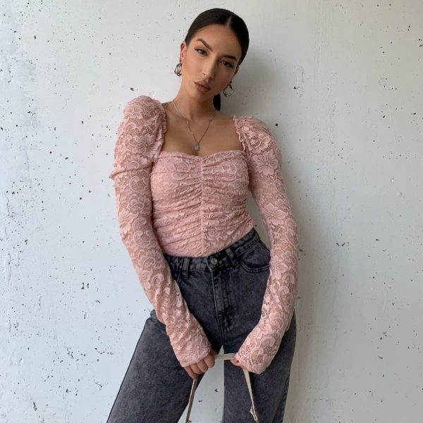 The Best Women Lace Puff Sleeve Cropped Tops Shirt Fashion Ladies Autumn Winter Casual Blouse Holiday Tops Tee Online - Takalr