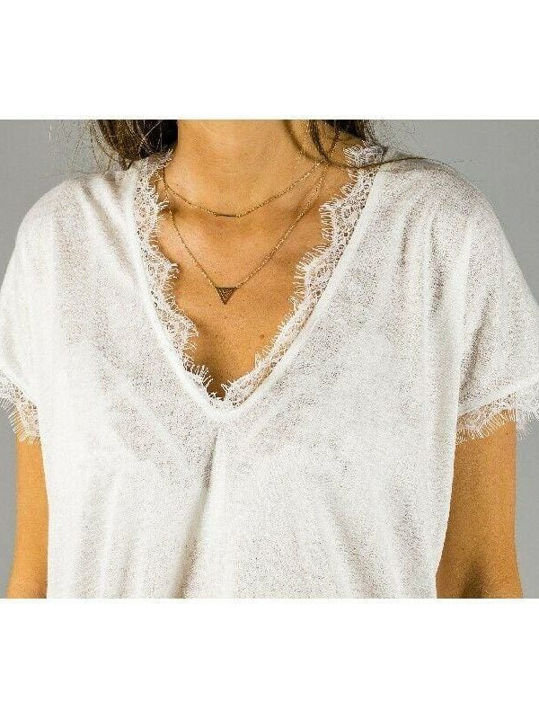 The Best Women Lace Short Sleeve Blouse Shirt New Fashion Ladies Summer Loose Solid Casual Vest Tank Tops Online - Takalr