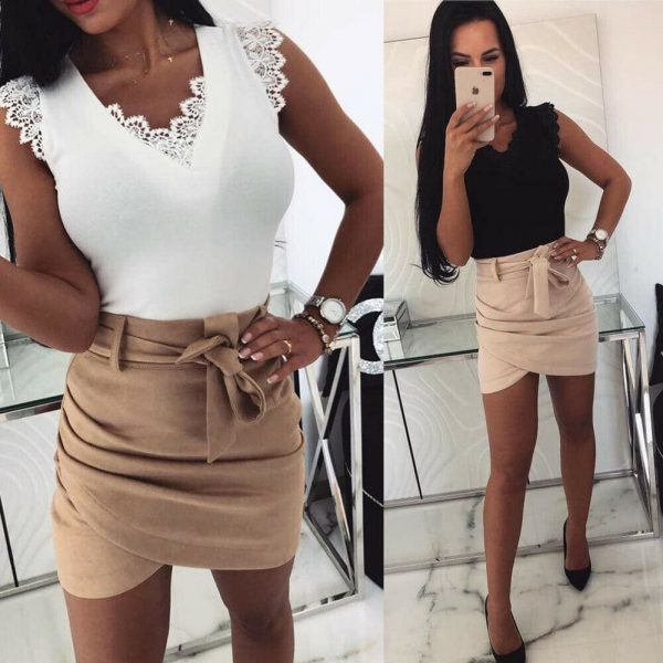 The Best Women Lace T-shirt Top Fashion Ladies Holiday Casual Camisole Tank Top Sleeveless V-Neck Solid Slim Female T-shirt Online - Takalr