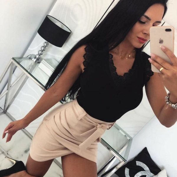 The Best Women Lace T-shirt Top Fashion Ladies Holiday Casual Camisole Tank Top Sleeveless V-Neck Solid Slim Female T-shirt Online - Takalr