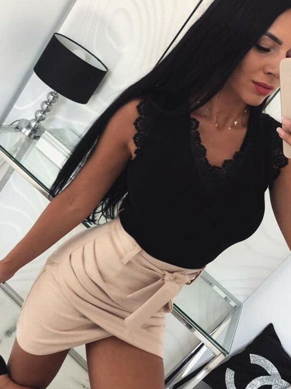 The Best Women Lace T-shirt Top Fashion Ladies Holiday Casual Camisole Tank Top Sleeveless V-Neck Solid Slim Female T-shirt Online - Takalr