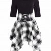 The Best Women Lace Up Plaid Asymmetrical Dress O-Neck Online - Source Silk