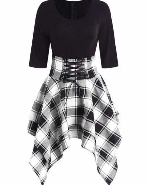 The Best Women Lace Up Plaid Asymmetrical Dress O-Neck Online - Source Silk