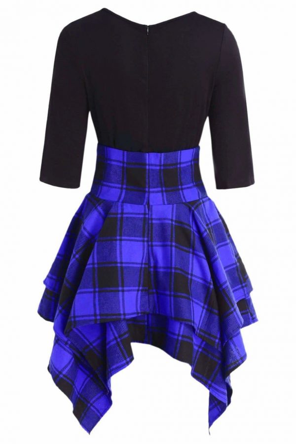 The Best Women Lace Up Plaid Asymmetrical Dress O-Neck Online - Source Silk