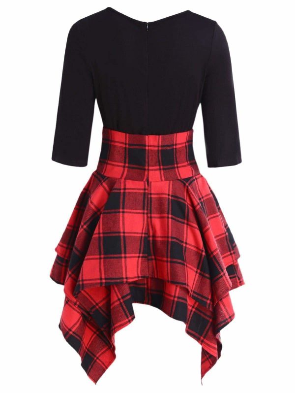 The Best Women Lace Up Plaid Asymmetrical Dress O-Neck Online - Source Silk