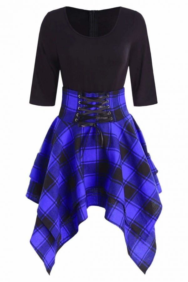 The Best Women Lace Up Plaid Asymmetrical Dress O-Neck Online - Source Silk