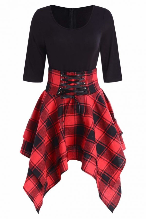 The Best Women Lace Up Plaid Asymmetrical Dress O-Neck Online - Source Silk