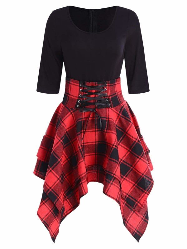 The Best Women Lace Up Plaid Asymmetrical Dress O-Neck Online - Source Silk