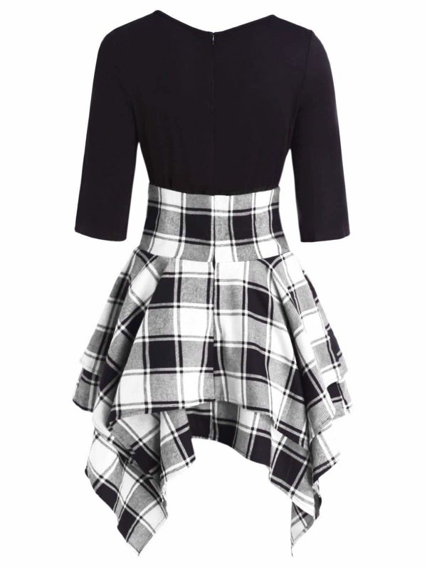 The Best Women Lace Up Plaid Asymmetrical Dress O-Neck Online - Source Silk