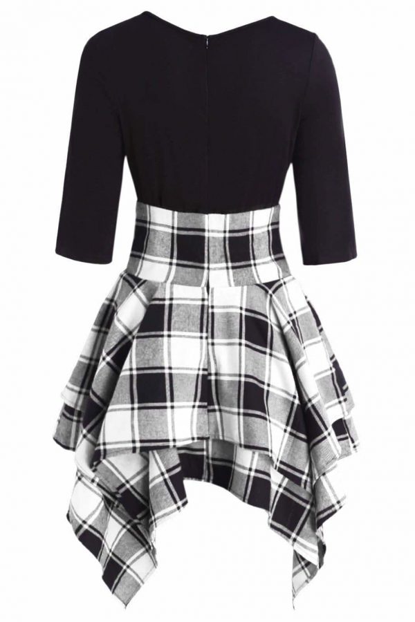 The Best Women Lace Up Plaid Asymmetrical Dress O-Neck Online - Source Silk