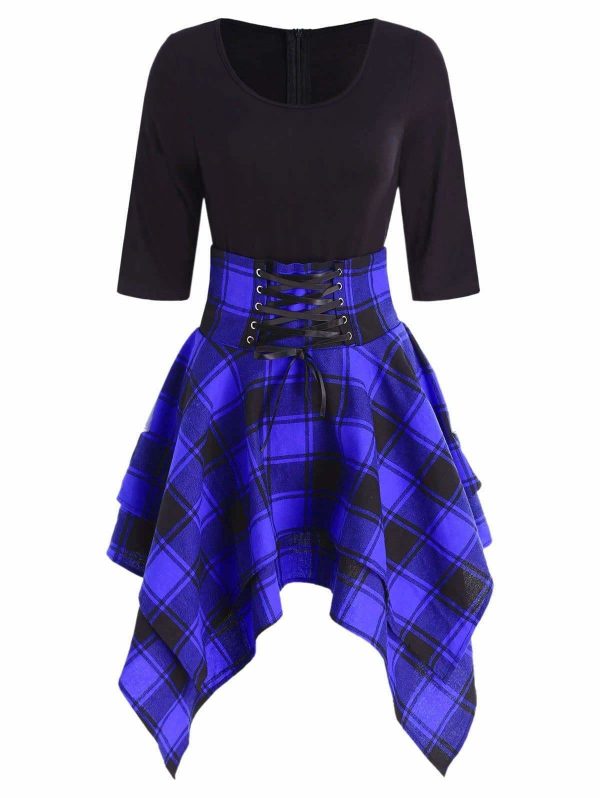 The Best Women Lace Up Plaid Asymmetrical Dress O-Neck Online - Source Silk