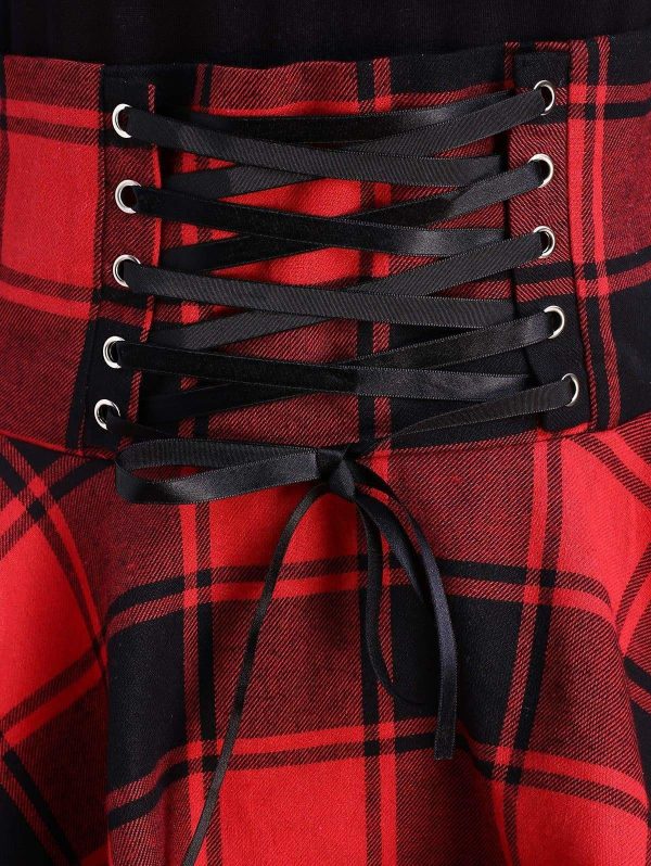 The Best Women Lace Up Plaid Asymmetrical Dress O-Neck Online - Source Silk