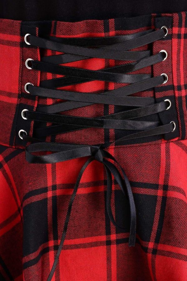 The Best Women Lace Up Plaid Asymmetrical Dress O-Neck Online - Source Silk