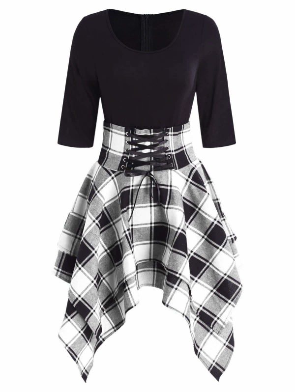 The Best Women Lace Up Plaid Asymmetrical Dress O-Neck Online - Source Silk