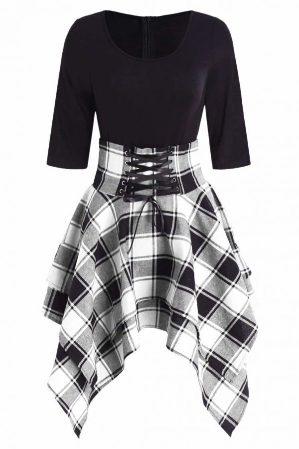 The Best Women Lace Up Plaid Asymmetrical Dress O-Neck Online - Source Silk