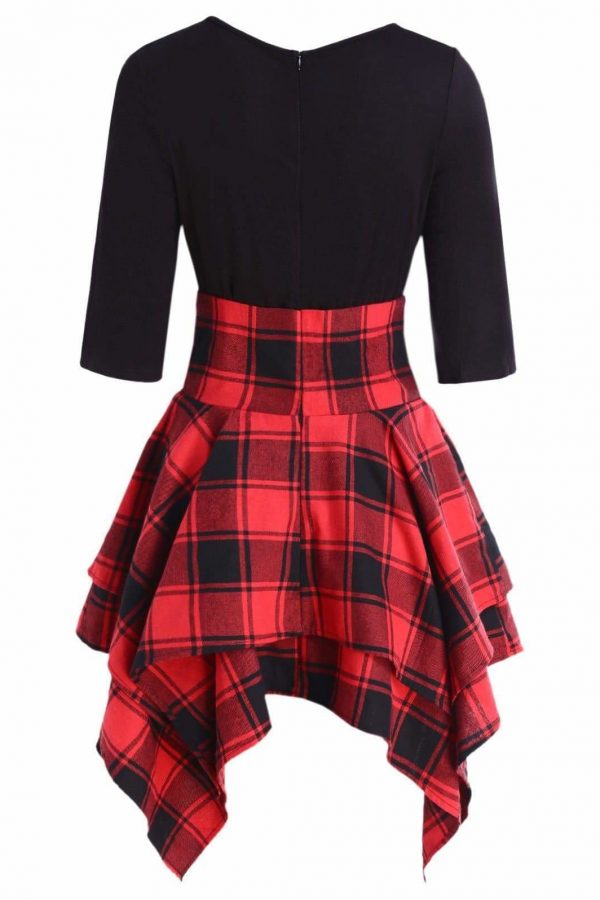 The Best Women Lace Up Plaid Asymmetrical Dress O-Neck Online - Source Silk