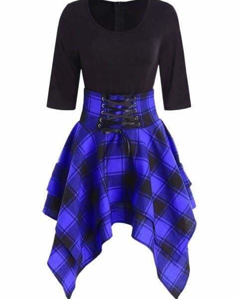 The Best Women Lace Up Plaid Asymmetrical Dress O-Neck Online - Source Silk