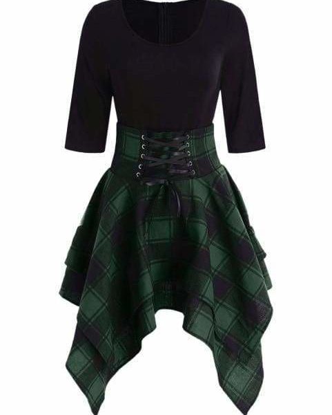 The Best Women Lace Up Plaid Asymmetrical Dress O-Neck Online - Source Silk