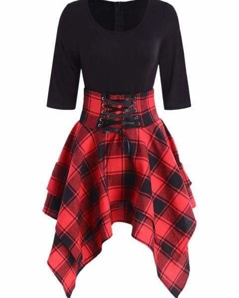 The Best Women Lace Up Plaid Asymmetrical Dress O-Neck Online - Source Silk