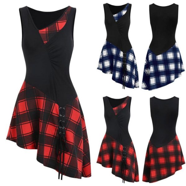 The Best Women Lace Up Tartan Checked Plaid Print Asymmetrical Dress Online - Source Silk