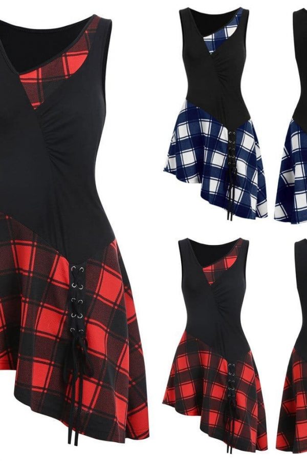 The Best Women Lace Up Tartan Checked Plaid Print Asymmetrical Dress Online - Source Silk