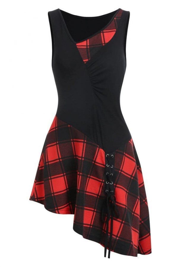 The Best Women Lace Up Tartan Checked Plaid Print Asymmetrical Dress Online - Source Silk