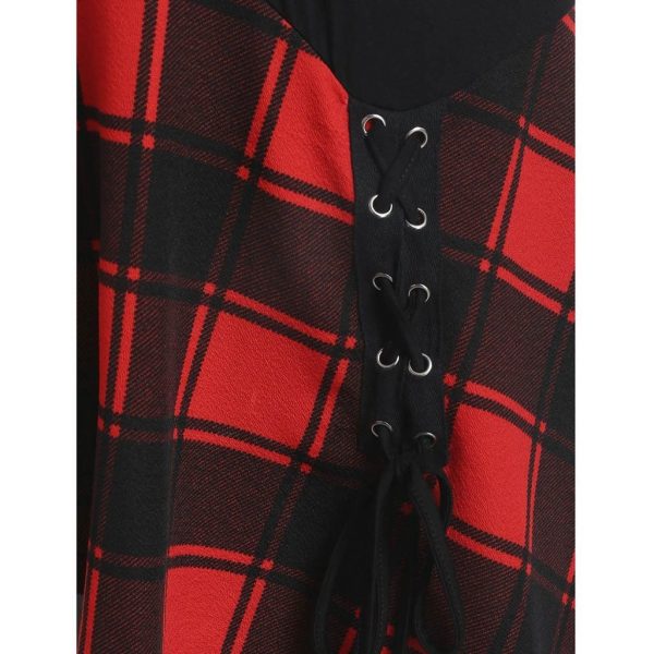 The Best Women Lace Up Tartan Checked Plaid Print Asymmetrical Dress Online - Source Silk