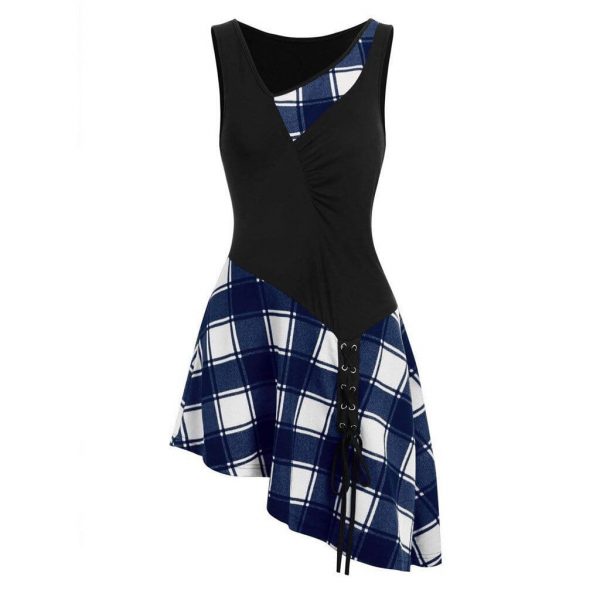 The Best Women Lace Up Tartan Checked Plaid Print Asymmetrical Dress Online - Source Silk