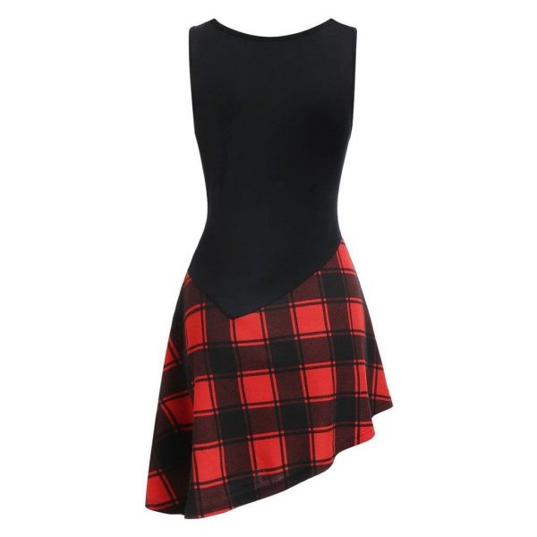 The Best Women Lace Up Tartan Checked Plaid Print Asymmetrical Dress Online - Source Silk