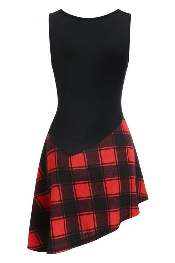 The Best Women Lace Up Tartan Checked Plaid Print Asymmetrical Dress Online - Source Silk