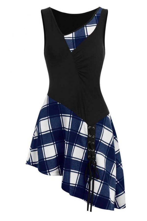 The Best Women Lace Up Tartan Checked Plaid Print Asymmetrical Dress Online - Source Silk