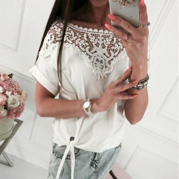 The Best Women Ladies Batwing Short Sleeve Lace Hollow Baggy Casual T-Shirt Tops Online - Takalr