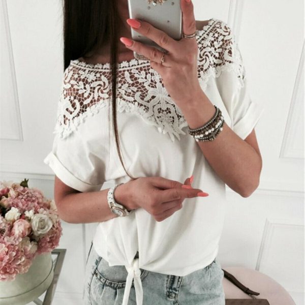 The Best Women Ladies Batwing Short Sleeve Lace Hollow Baggy Casual T-Shirt Tops Online - Takalr