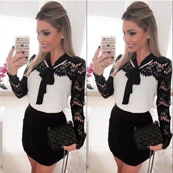 The Best Women Ladies Evening Party Dress Long Sleeve Lace Floral Bow Straight High Waist Mini Dress Online - Source Silk