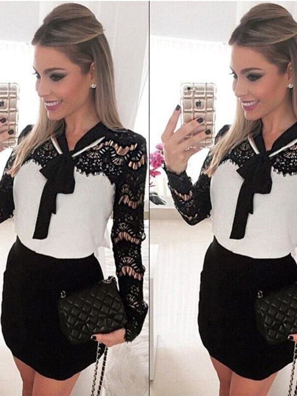 The Best Women Ladies Evening Party Dress Long Sleeve Lace Floral Bow Straight High Waist Mini Dress Online - Source Silk