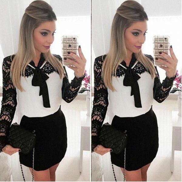 The Best Women Ladies Evening Party Dress Long Sleeve Lace Floral Bow Straight High Waist Mini Dress Online - Source Silk