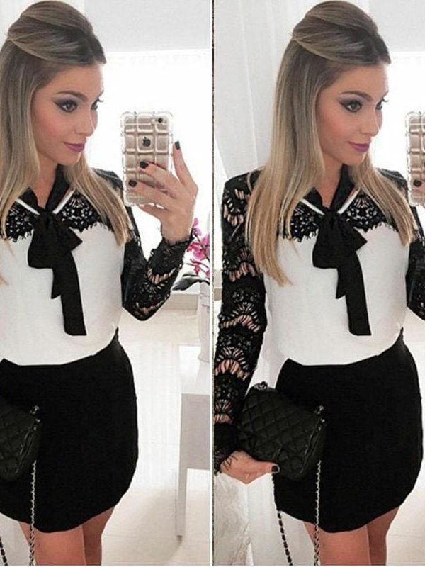 The Best Women Ladies Evening Party Dress Long Sleeve Lace Floral Bow Straight High Waist Mini Dress Online - Source Silk